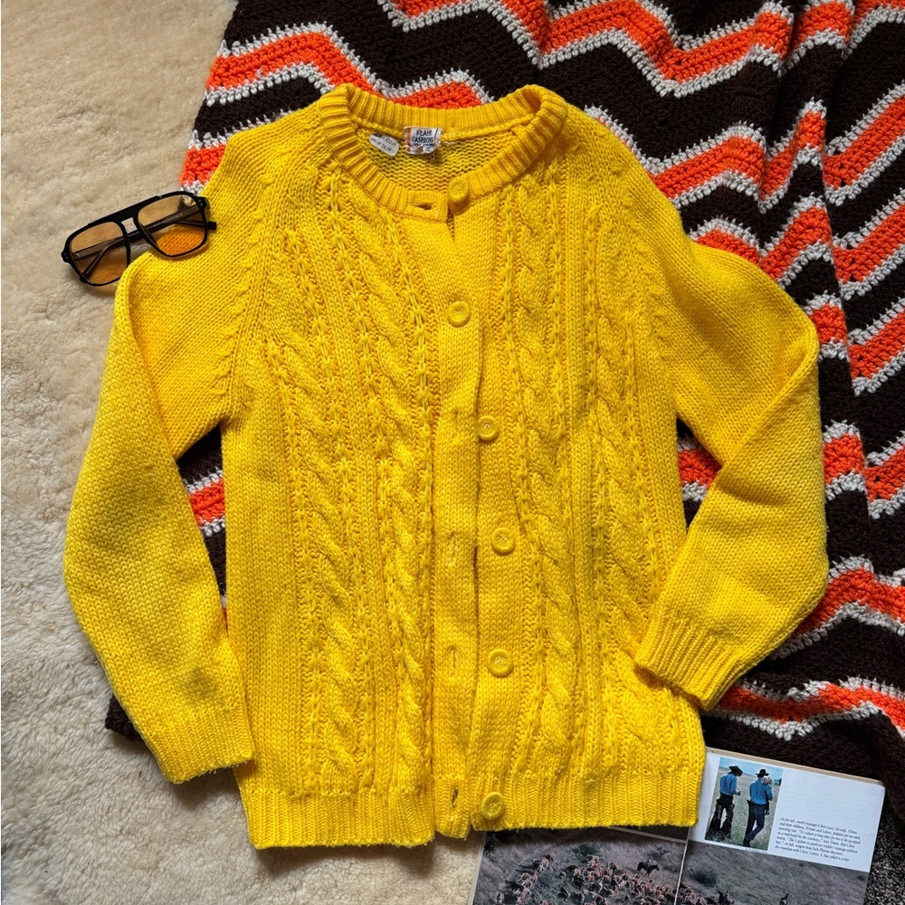 Yellow vintage 70s knit cardigan cardigan